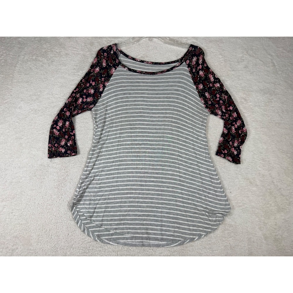 Unbranded Baseball Tee Women L Grey Floral Stripe 3/4 Sleeve Raglan Good Mixed